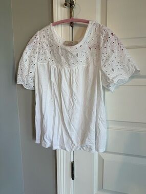 LOFT White Eyelet Yoke Puff-Sleeve Blouse
